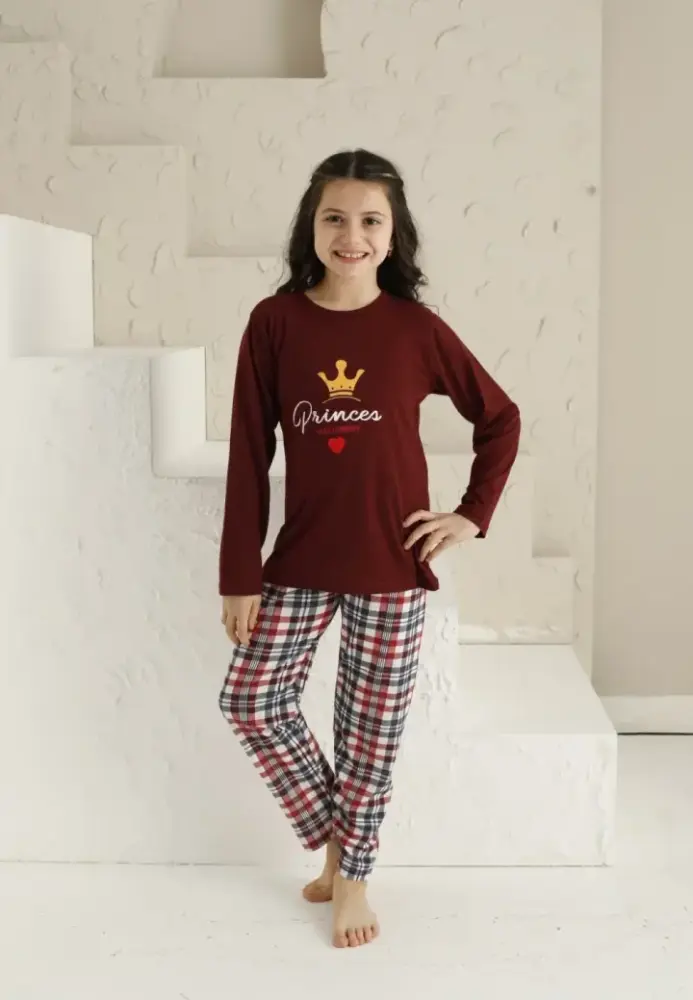 Pijama Fete, Mânecă Lungă si Pantaloni Lungi, Imprimeu Princes,Culoare Bordo,Engros